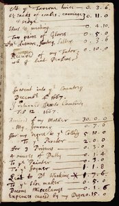 Sra. 1-1936 f.7r Página de um caderno contendo os pensamentos de Newton sobre ótica e suas contas domésticas, c.1665-68 (tinta no papel)